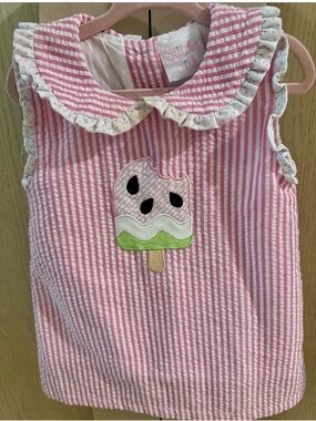 Pink Striped Sleeveless Kids Dress with Ice Pop Applique